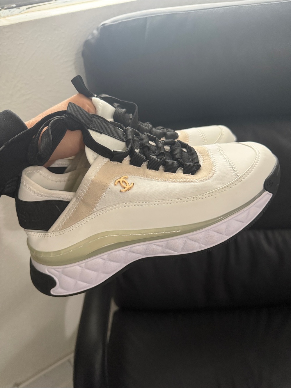 CHANEL Cream and Black Women’s Chunky Lace-Up Sneaker with Gold Logo